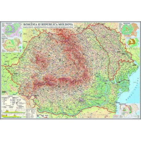 Romania si Republica Moldova.Harta fizica, administrativa si a substantelor minerale utile (2000x1400 mm)
