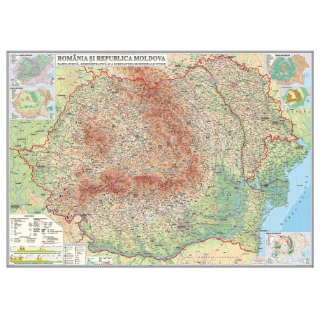 Romania si Republica Moldova. Harta fizica, administrativa si a substantelor minerale utile 