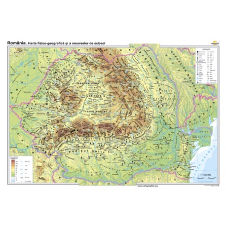 România. Harta fizico-geografică şi a resurselor naturale de subsol 100x70 cm 