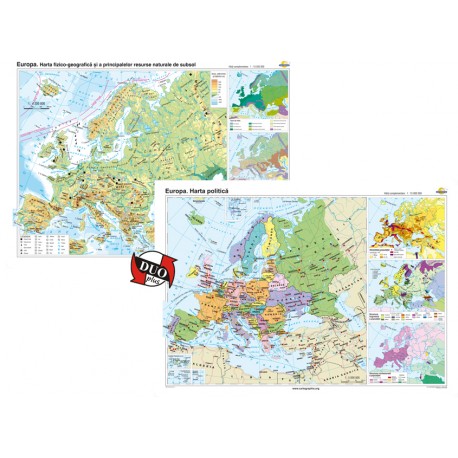 Europa. Harta fizico-geografică şi a principalelor resurse naturale de subsol şi Europa. Harta politică – Duo Plus 100x70 cm
