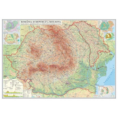 Romania si Republica Moldova. Harta fizica, administrativa si a substantelor minerale utile (3500x2400 mm)