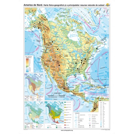America de Nord. Harta fizico-geografică şi a principalelor resurse naturale de subsol 120x160 cm