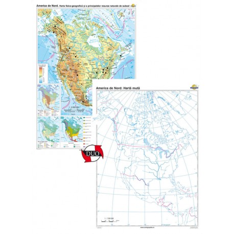 America de Nord. Harta fizico-geografică şi a principalelor resurse naturale de subsol – Duo 120x160 cm