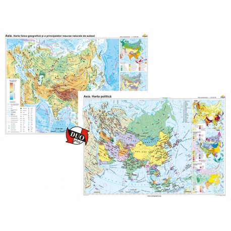Asia. Harta fizico-geografică şi a principalelor resurse naturale de subsol şi Asia. Harta politică – Duo Plus