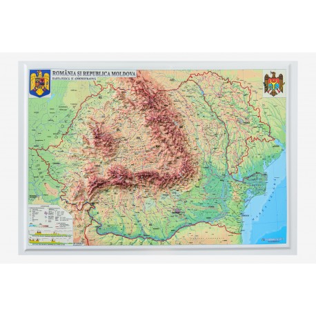 Romania si Republica Moldova. Harta fizica si administrativa (proiectie 3D), 450x330mm