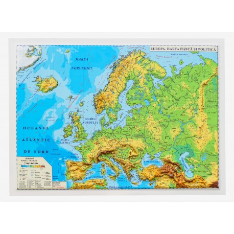 Europa. Harta fizica si politica (proiectie Mercator, 3D), format A3, 450x330mm