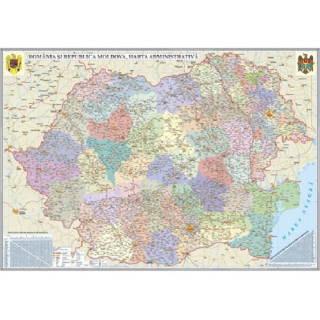 Romania si Republica Moldova.Harta administrativa (1400x1000mm), fara sipci