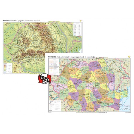 Romania. Harta fizico-geografica/Romania. Harta administrativa - bilingv - DUO PLUS 140x100 cm